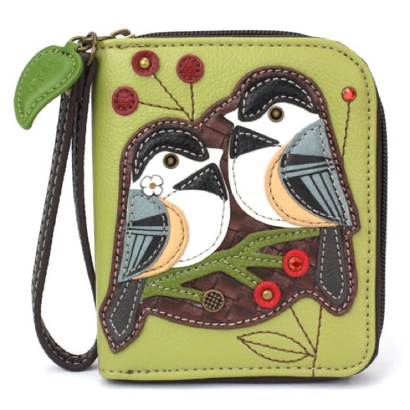 NEW CHALA LIGHT GREEN BIRD ZIP AROUND WALLET VEGAN LEATHER BERRIES & BIRDS - Picture 1 of 8